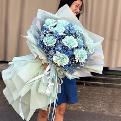 Blue Rose Bouquet Mix Blue Baby Flowers - 98 FLOWERS