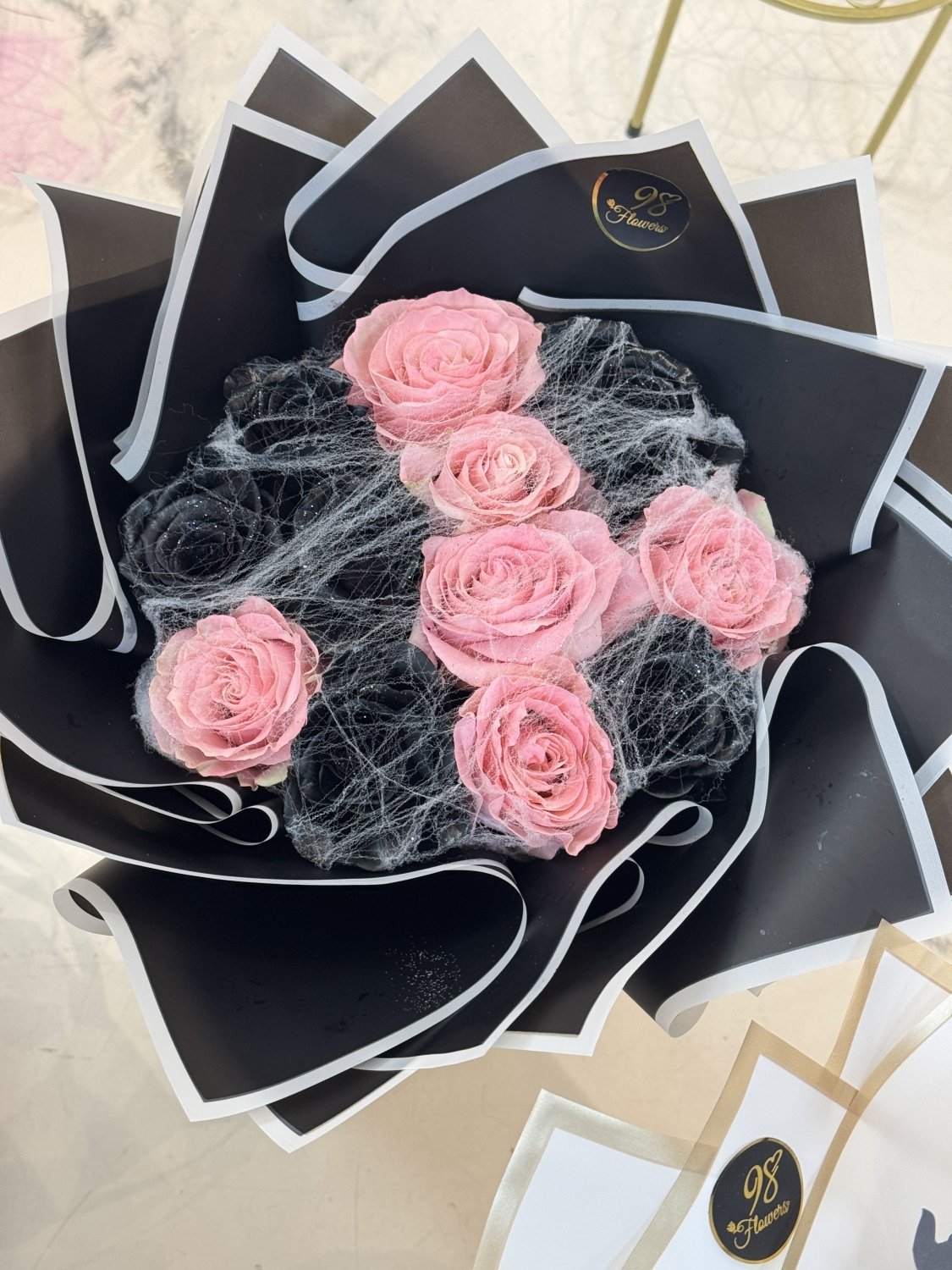 Blush Cobweb – Pink & Black Halloween Rose Bouquet - 98 FLOWERS