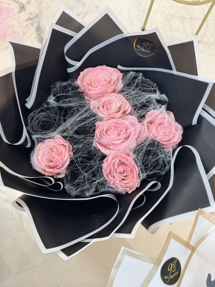Blush Cobweb – Pink & Black Halloween Rose Bouquet
