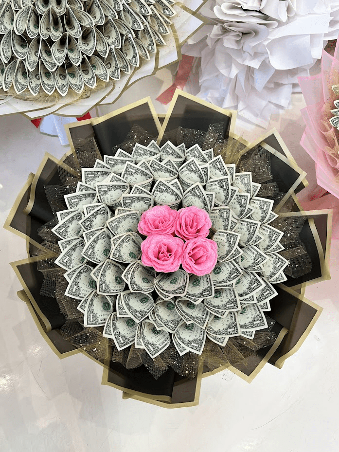 Blush & Gold Money Bouquet – $50 Cash Included - 98 FLOWERS