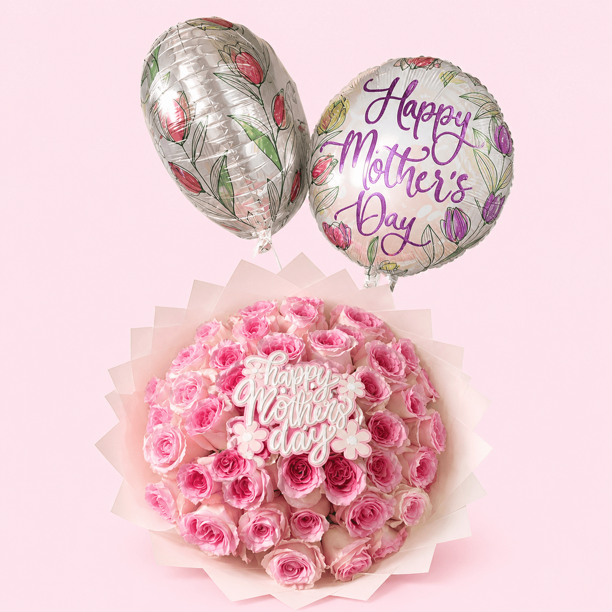 Blush Mother’s Day Rose & Balloon Bouquet - 98 FLOWERS