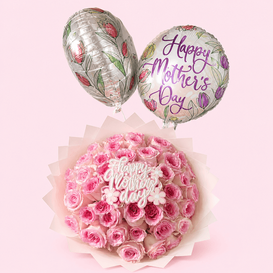 Blush Mother’s Day Rose & Balloon Bouquet - 98 FLOWERS