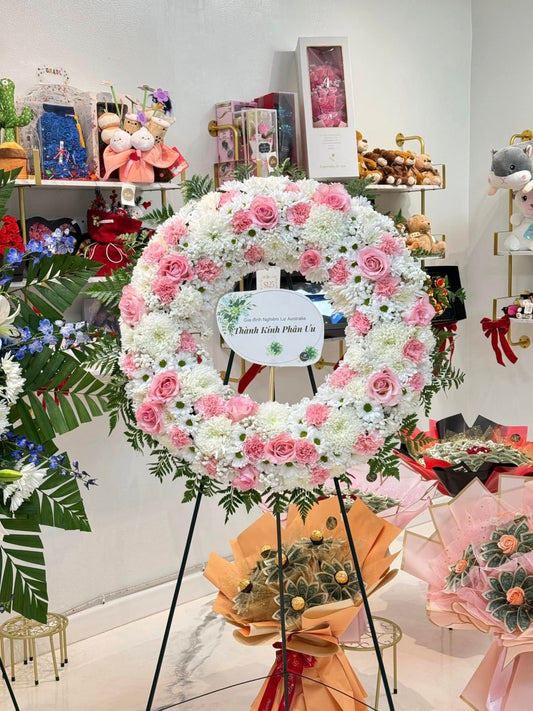 Blush Pink & White Sympathy Wreath - 98 FLOWERS