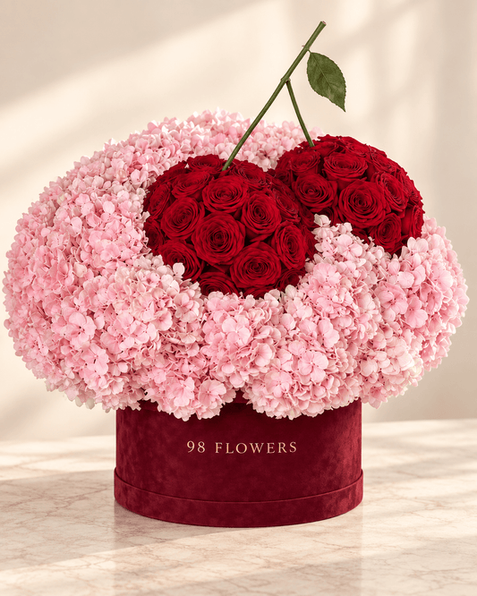 Cherry Kiss – Pink Hydrangea & Red Rose Flower Box - 98 FLOWERS