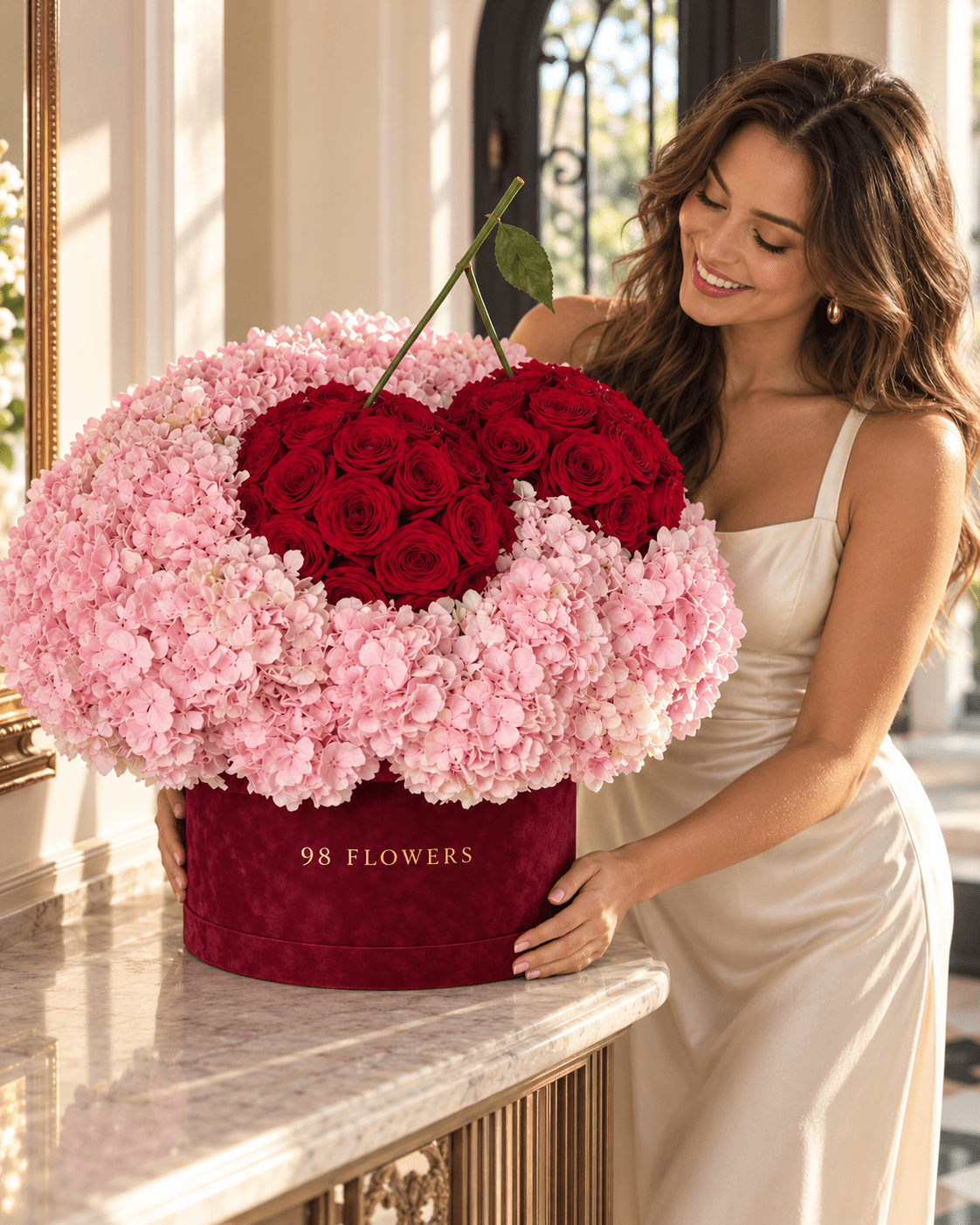 Cherry Kiss – Pink Hydrangea & Red Rose Flower Box - 98 FLOWERS