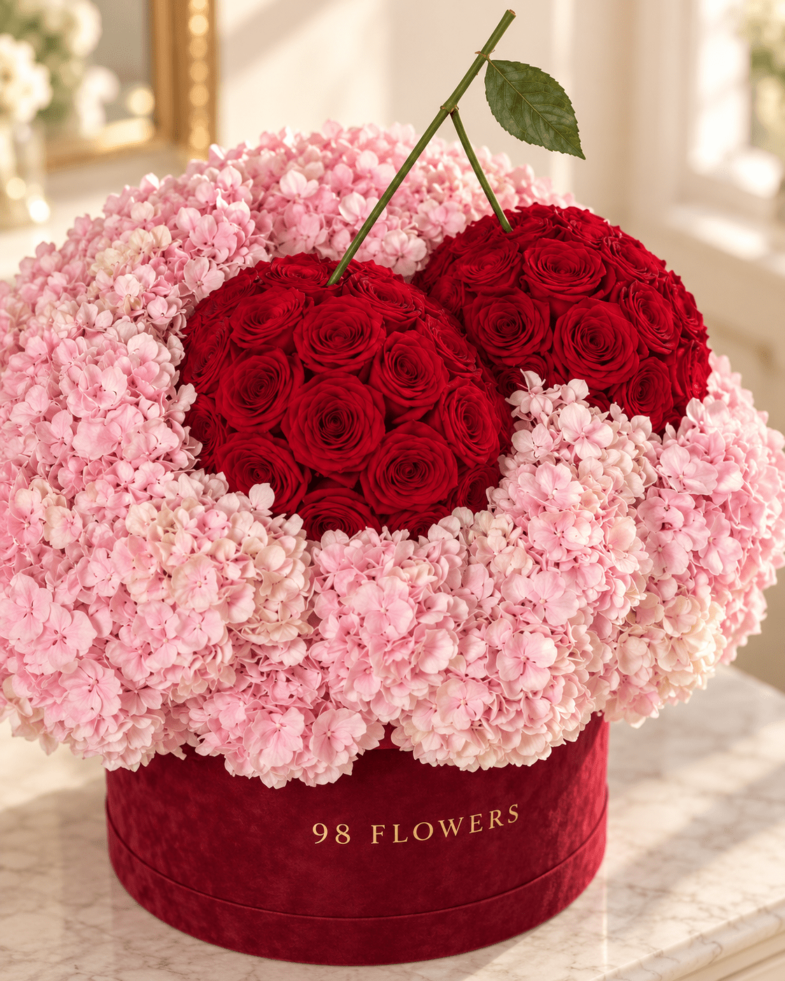 Cherry Kiss – Pink Hydrangea & Red Rose Flower Box - 98 FLOWERS