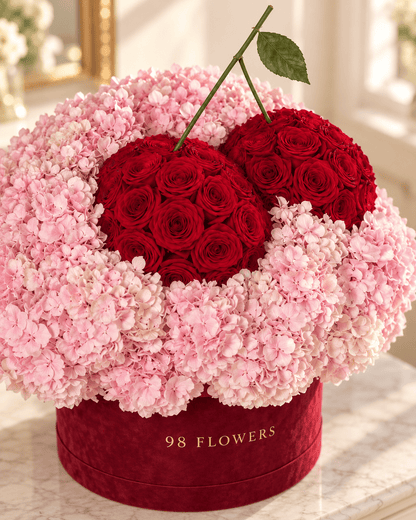 Cherry Kiss – Pink Hydrangea & Red Rose Flower Box - 98 FLOWERS