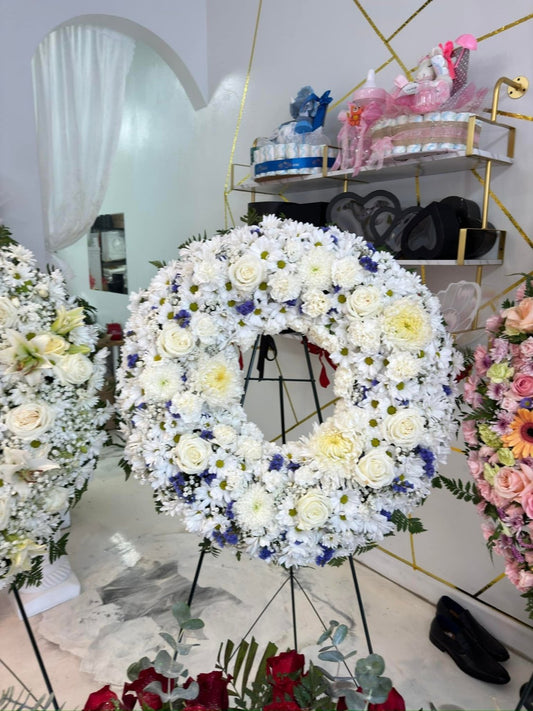 Classic White & Blue Sympathy Standing Wreath - 98 FLOWERS
