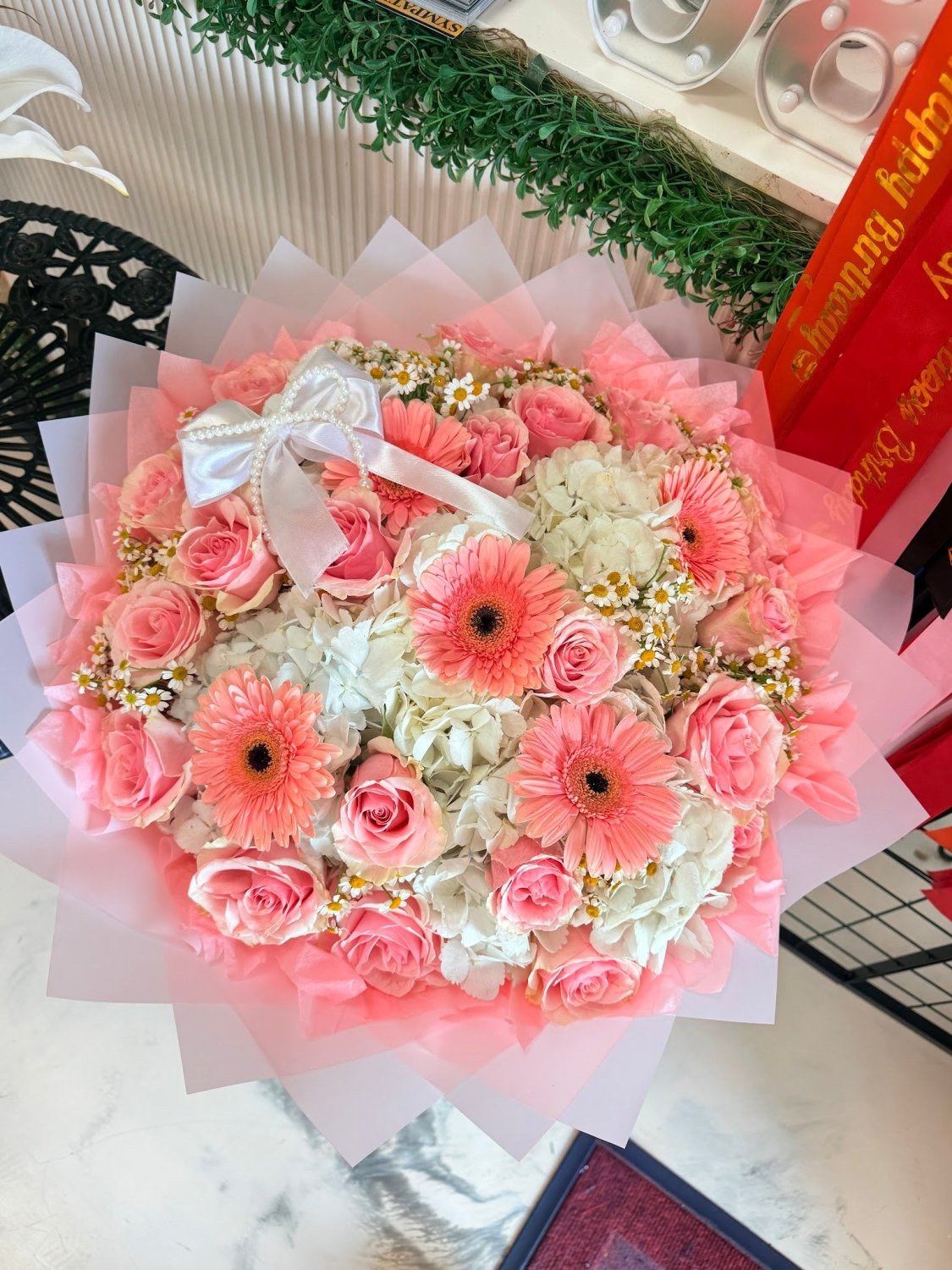 Coral Gerbera & Rose Bouquet - 98 FLOWERS