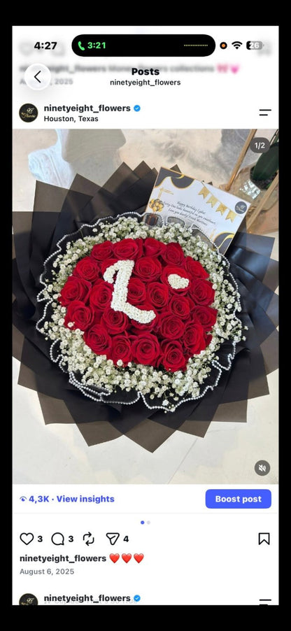 Custom Initial 35 Red Rose Bouquet - 98 FLOWERS