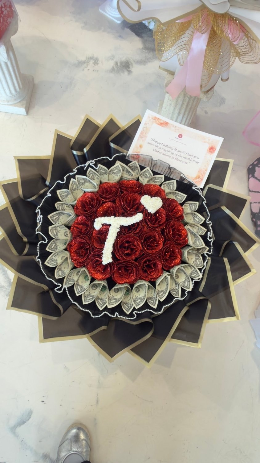 Custom Initial Red Artificial Rose Money Bouquet - 98 FLOWERS