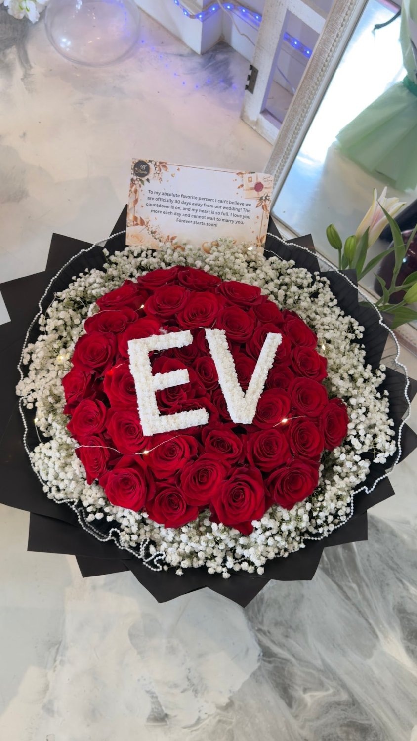 Custom Initial Red Rose Bouquet with Baby’s Breath Border - 98 FLOWERS