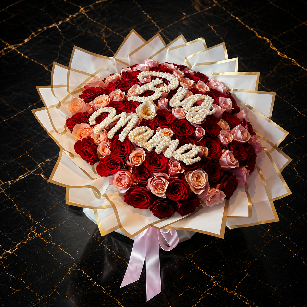 Red, blush and peach jumbo rose bouquet with I Love Mama floral lettering