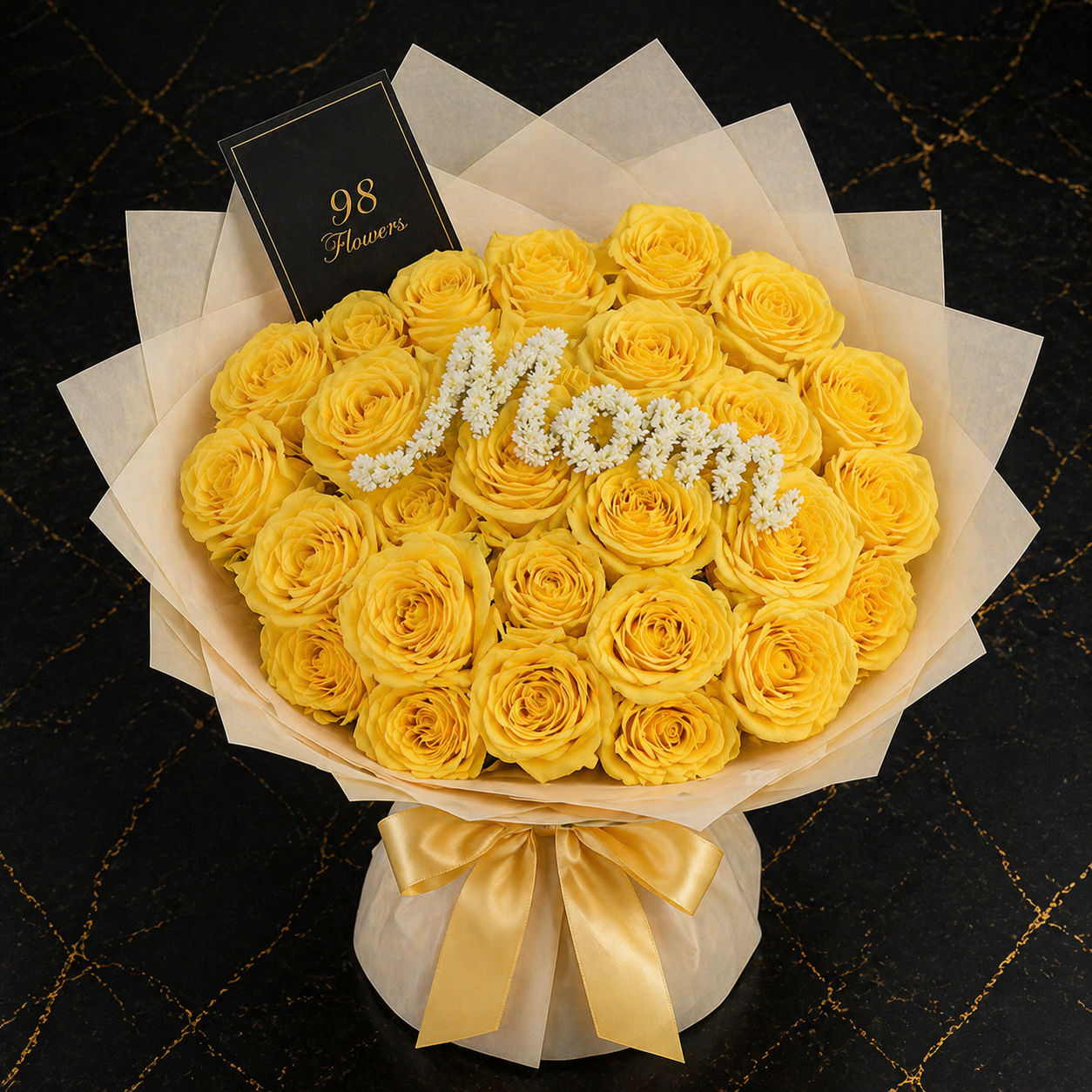 Yellow rose bouquet with white Mom floral lettering and gold bow