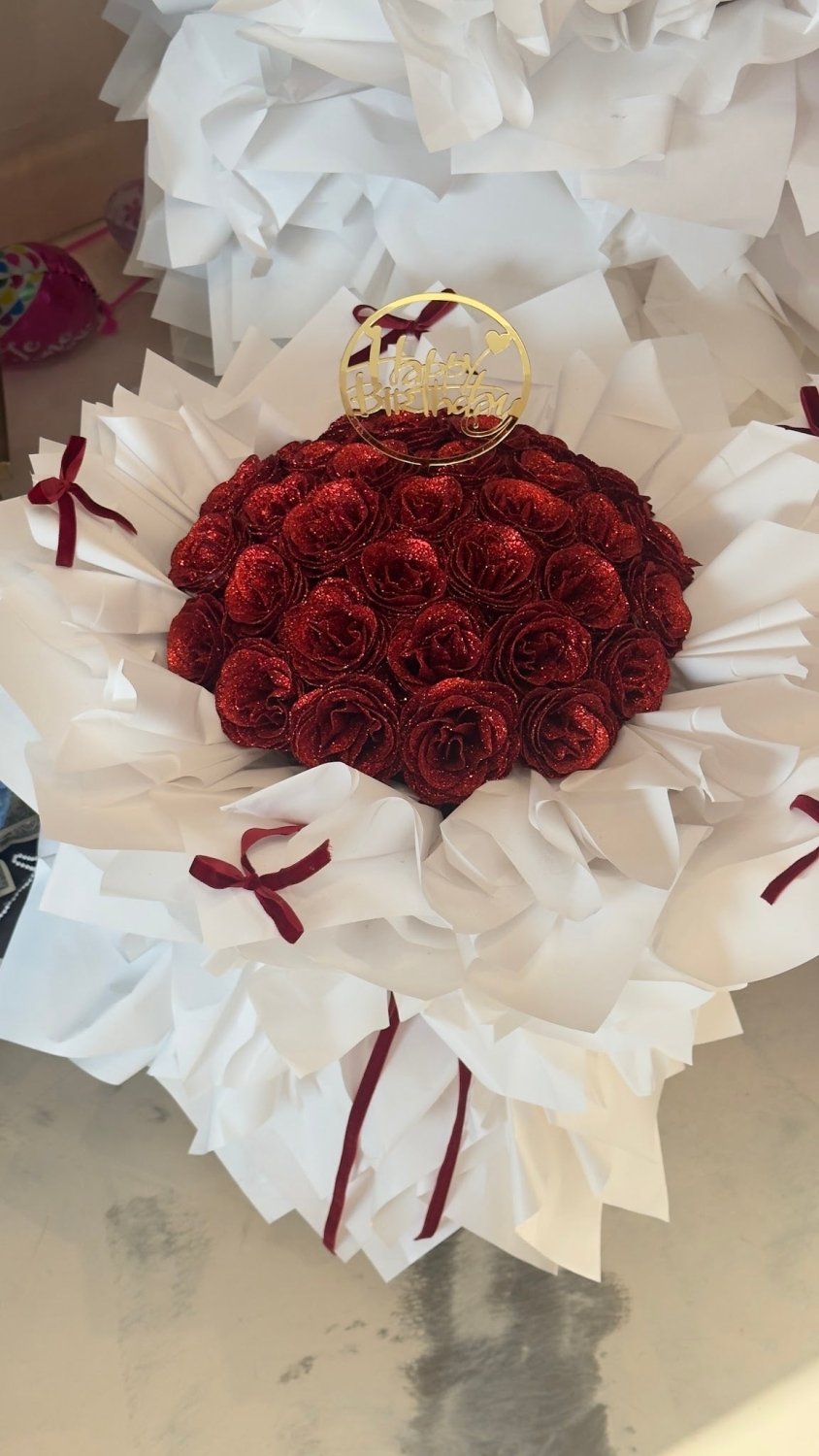 Deep Red Rose Bouquet in Ivory Wrapping - 98 FLOWERS