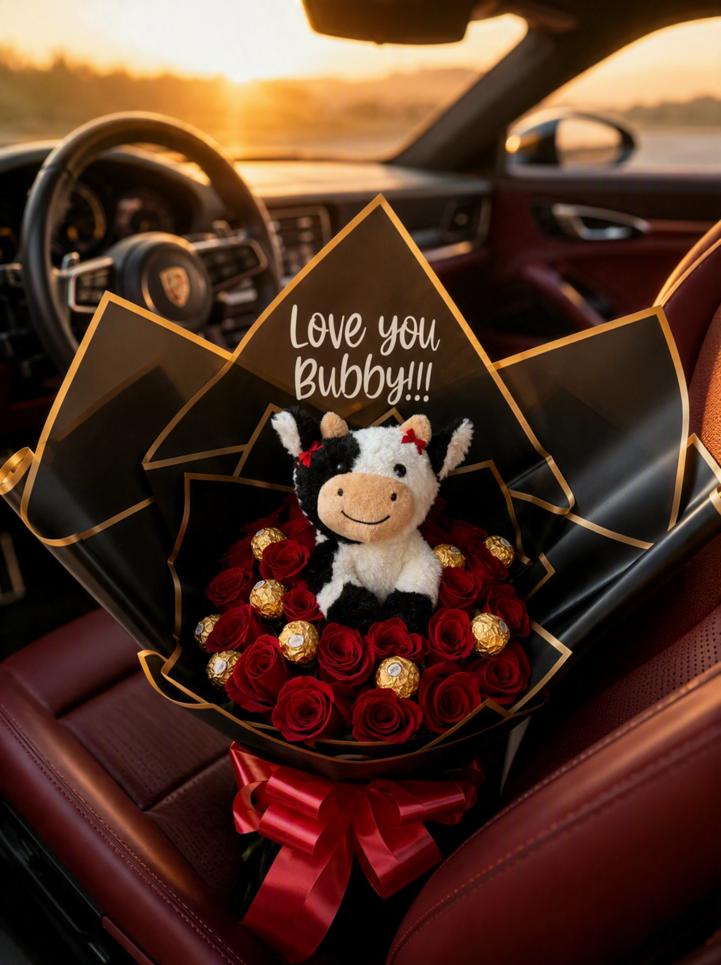 Luxury red rose, Ferrero Rocher and plush cow bouquet displayed in a car