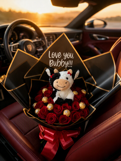 Luxury red rose, Ferrero Rocher and plush cow bouquet displayed in a car