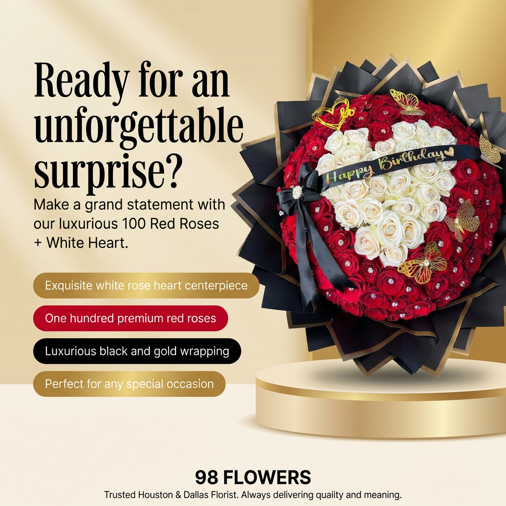 100 Premium Red Roses with White Rose Heart Centerpiece image 1