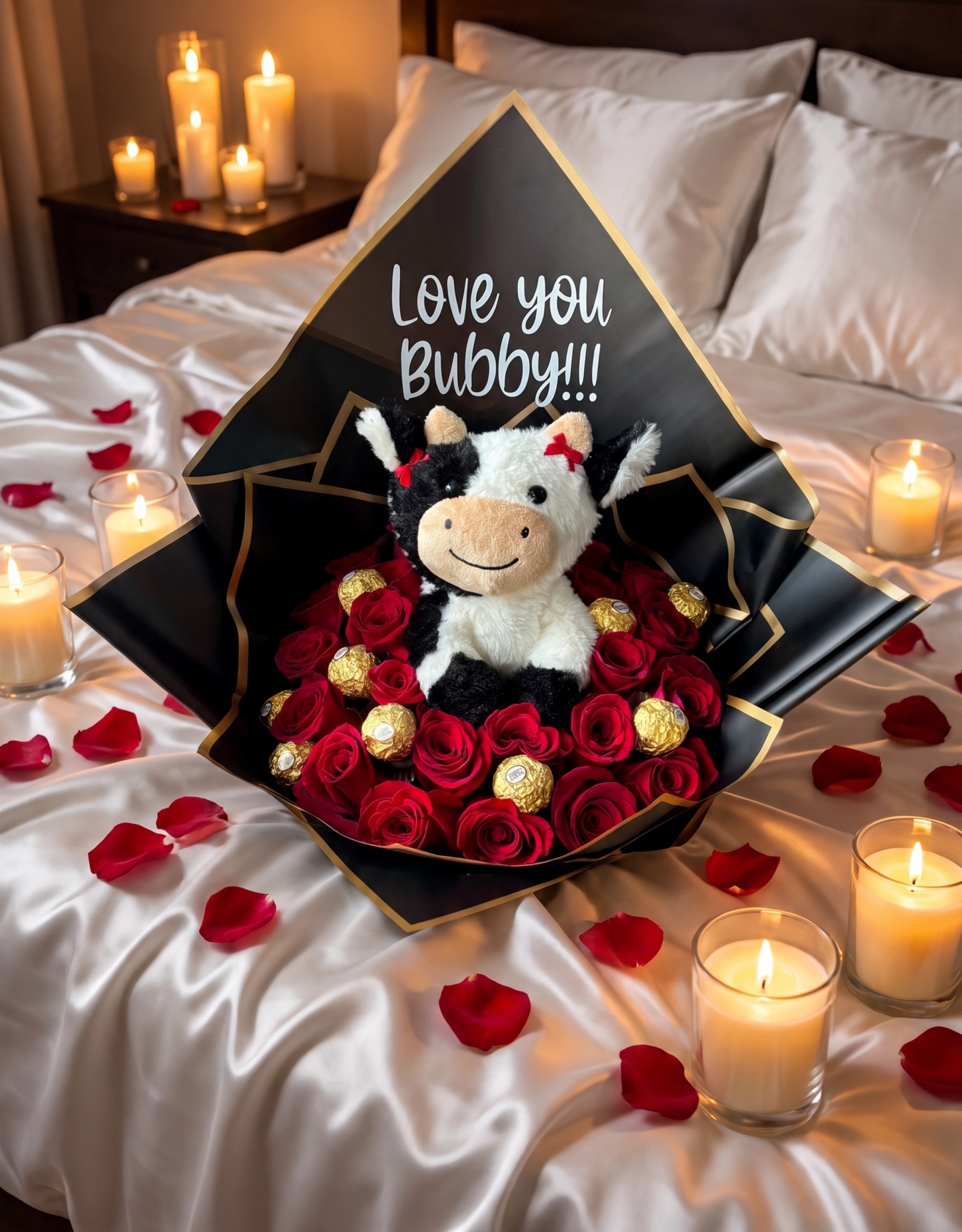 24 red roses with Ferrero Rocher and plush cow displayed by a fireplace