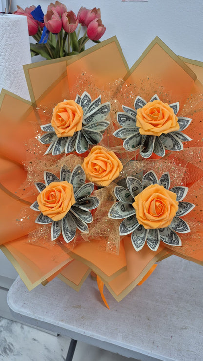 Orange five-flower money bouquet with $30 cash included