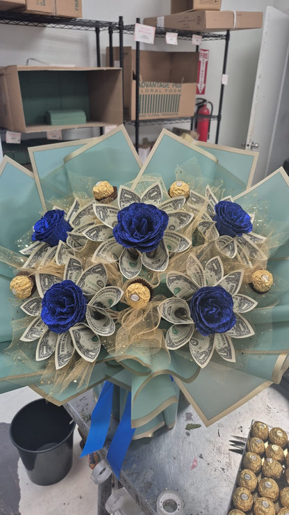 Royal blue money bouquet with chocolate accents