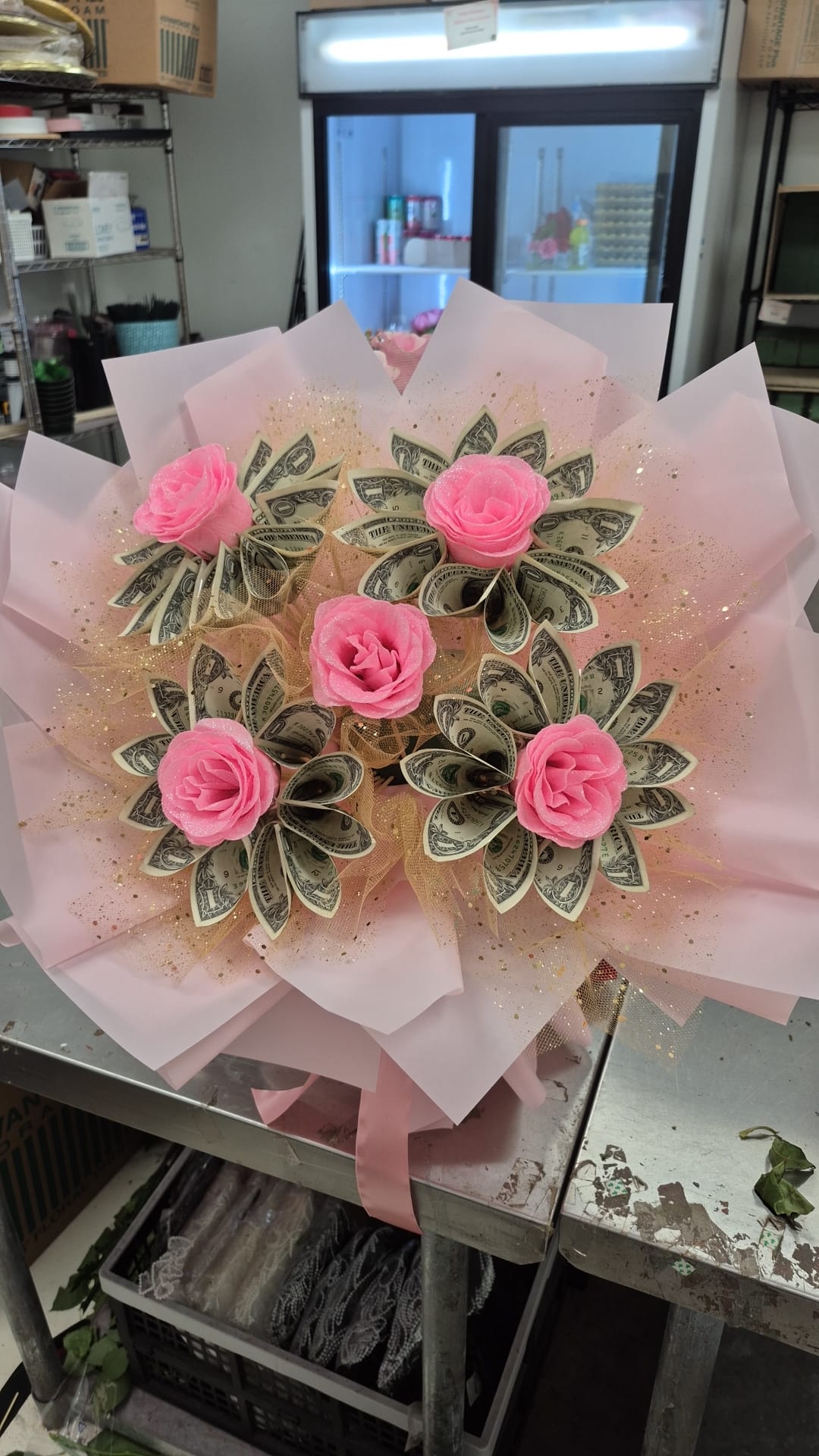 Soft pink five-flower money bouquet with $30 cash included