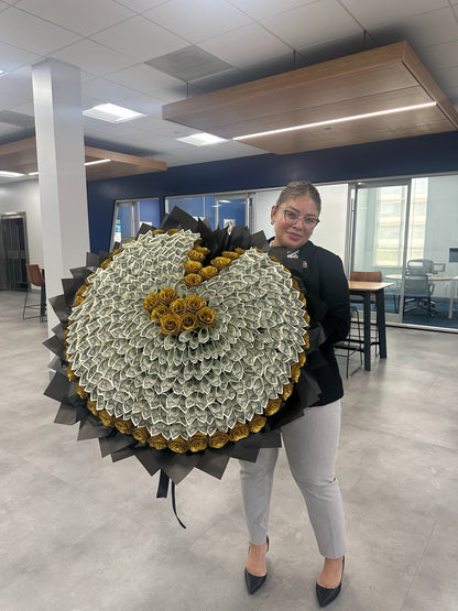 Woman holding a giant heart-shaped money bouquet with gold rose accents and 200 one-dollar bills