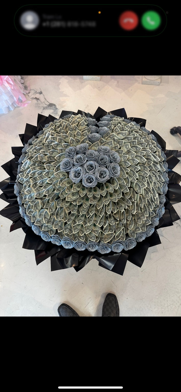 Silver and black giant heart-shaped money bouquet with 200 one-dollar bills