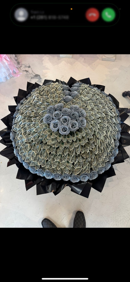 Silver and black giant heart-shaped money bouquet with 200 one-dollar bills