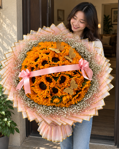 Golden Butterfly – Sunflower Bouquet — AI lifestyle image showing natural holding scale