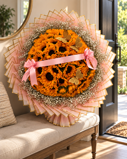 Golden Butterfly – Sunflower Bouquet — AI lifestyle image of a gift surprise