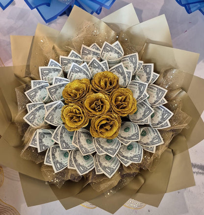 Golden Cash Rose Money Bouquet – $30 Included - 98 FLOWERS