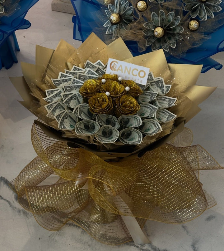 Golden Cash Rose Money Bouquet – $30 Included - 98 FLOWERS