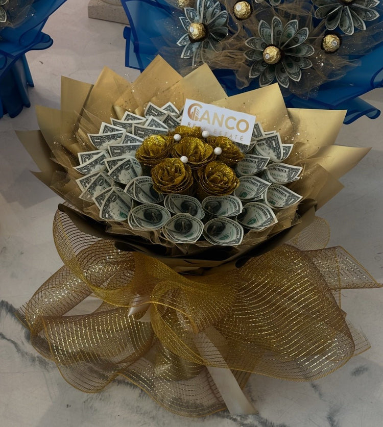 Golden Cash Rose Money Bouquet – $30 Included