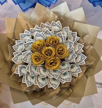 Top detail of Golden Cash Rose Money Bouquet with arranged bills and glitter roses