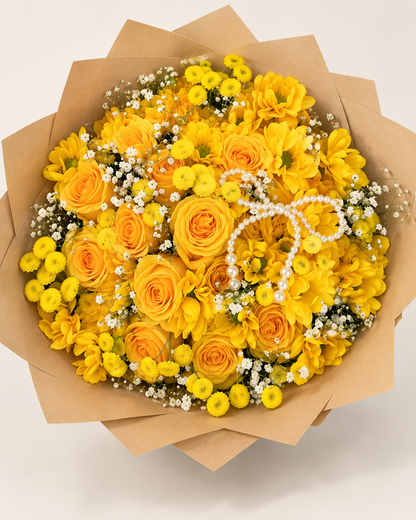 Golden Meadow yellow rose and mixed flower bouquet with pearl decoration in beige wrapping