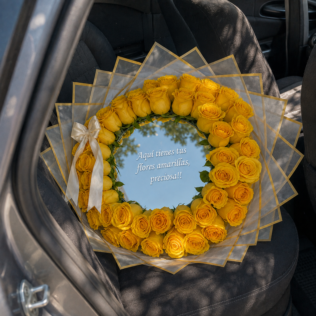 Golden Muse yellow rose bouquet resting on a car seat with daylight reflecting in the mirror