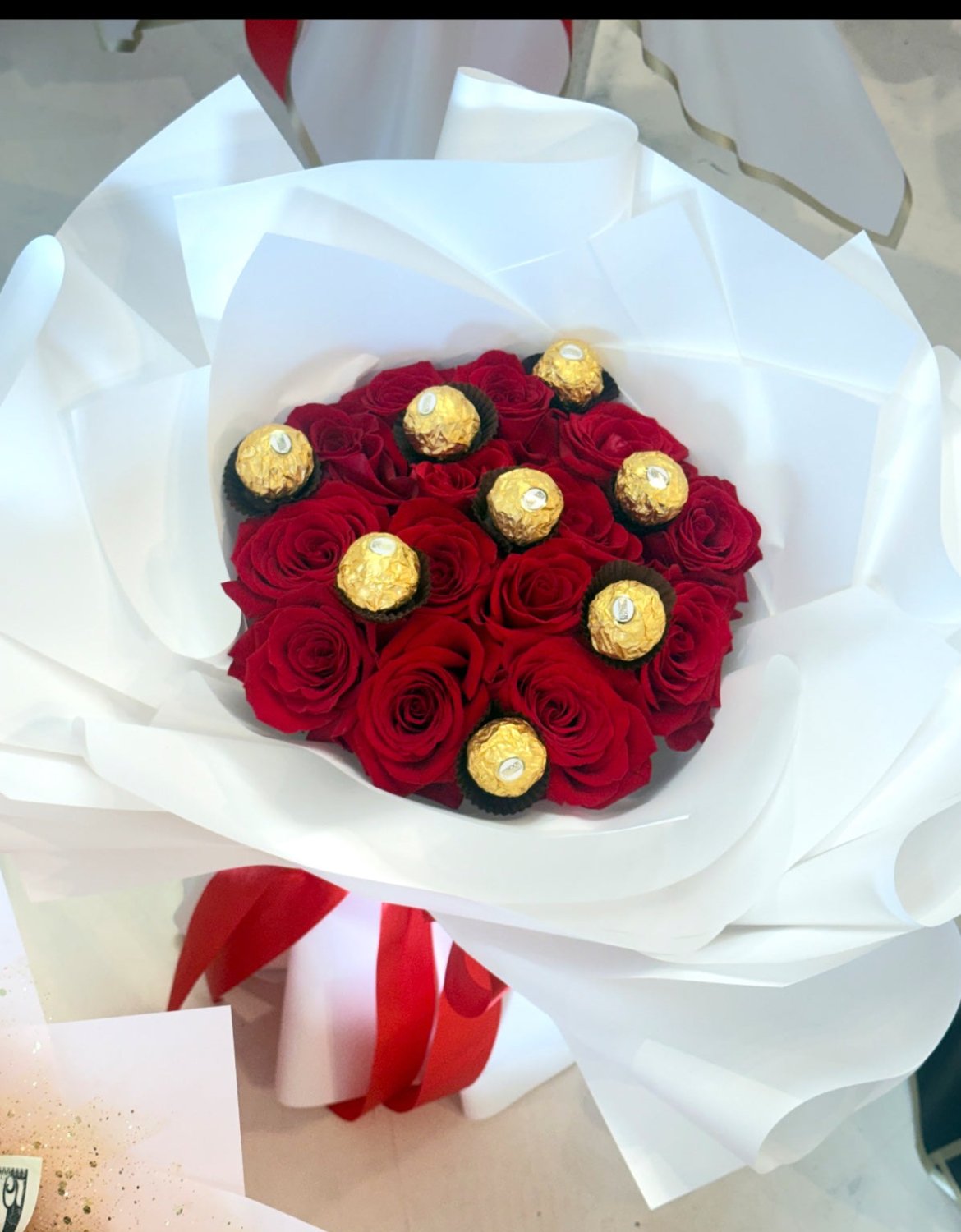 Golden Romance Red Rose & Chocolate Bouquet - 98 FLOWERS