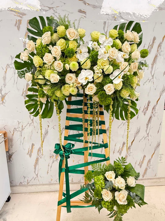 Green & Ivory Rose Orchid Two Tier Grand Opening Stand - 98 FLOWERS
