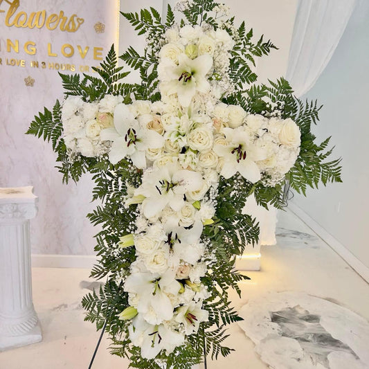 Heavenly Faith White Cross Tribute - 98 FLOWERS