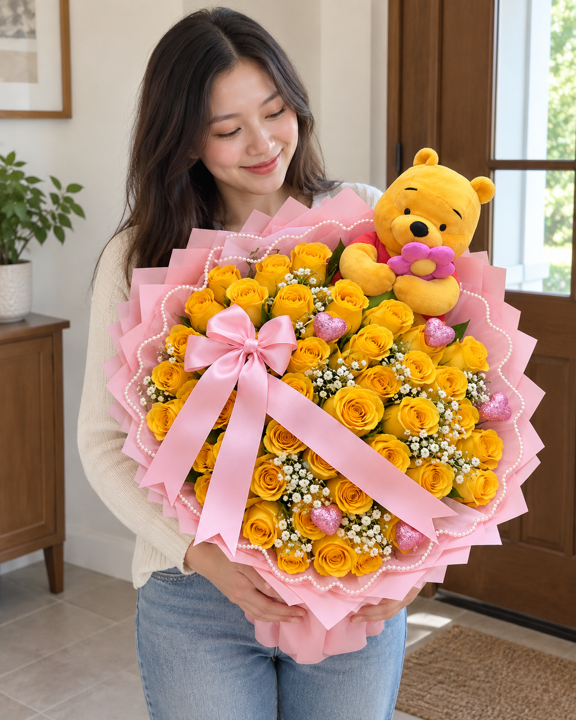 Honey Bear Blush – Yellow Rose Bouquet — AI lifestyle image showing natural holding scale