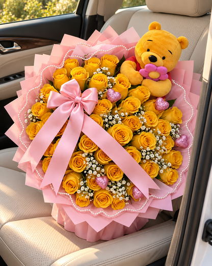 Honey Bear Blush – Yellow Rose Bouquet — AI lifestyle image of a gift surprise