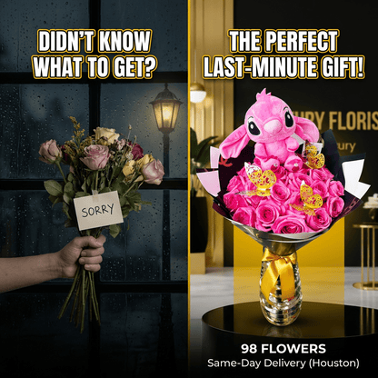 Hot Pink Roses with Stitch & Golden Butterflies - 98 FLOWERS