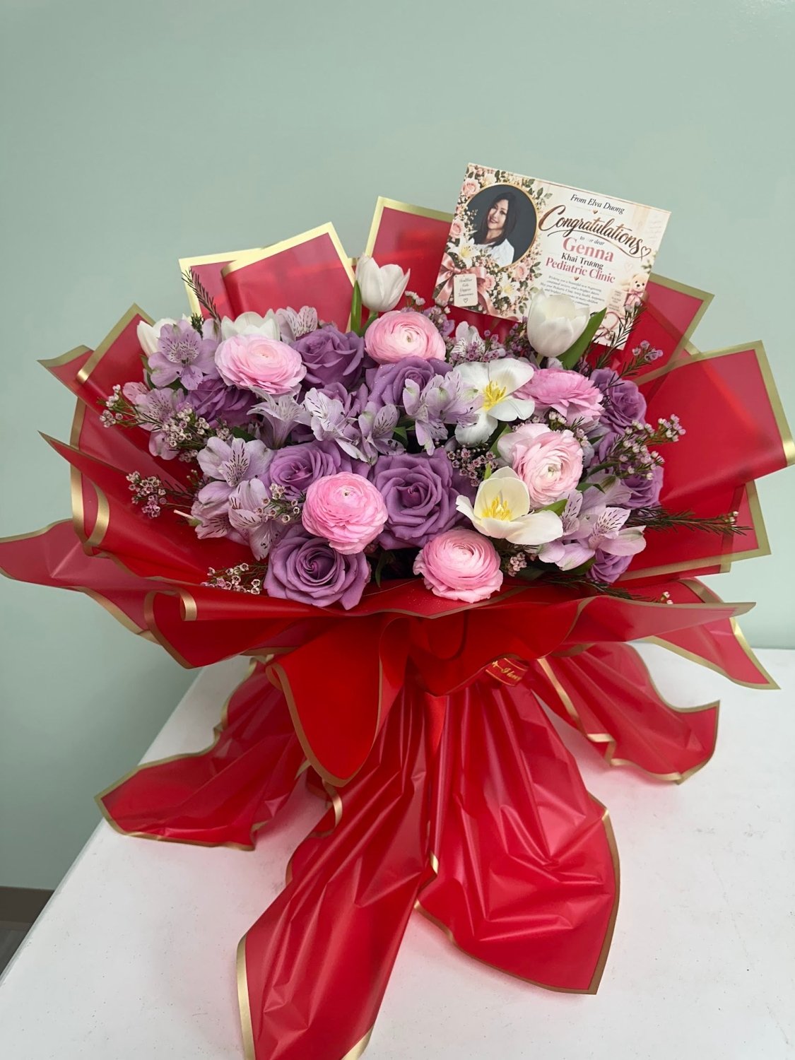 Lavender Rose & Pink Carnation Bouquet in Red Wrapping - 98 FLOWERS