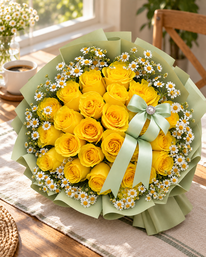 Lemon Meadow – Yellow Rose & Daisy Bouquet — AI lifestyle image of a gift surprise