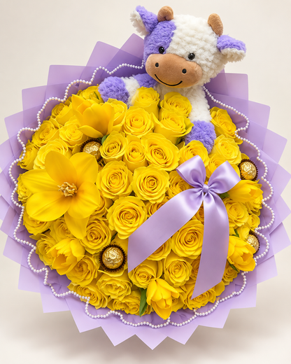 Lilac Cuddle – Yellow Rose & Cow Plush Bouquet — clear product view