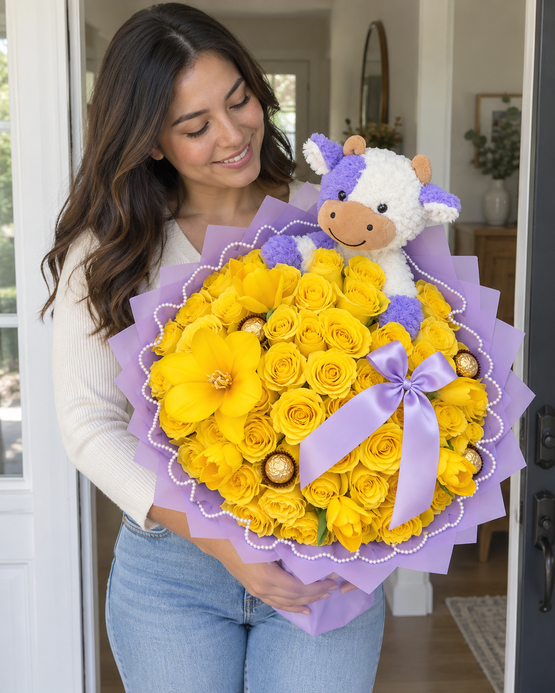 Lilac Cuddle – Yellow Rose & Cow Plush Bouquet — AI lifestyle image showing natural holding scale