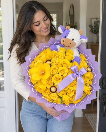 Lilac Cuddle – Yellow Rose & Cow Plush Bouquet — AI lifestyle image showing natural holding scale