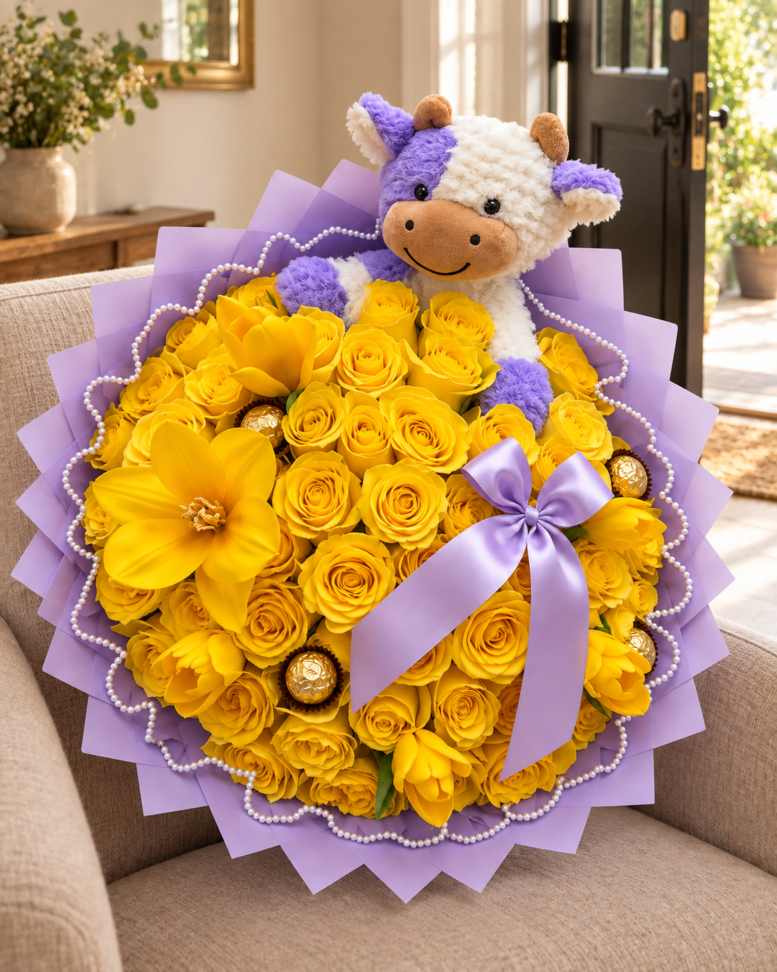 Lilac Cuddle – Yellow Rose & Cow Plush Bouquet — AI lifestyle image of a gift surprise