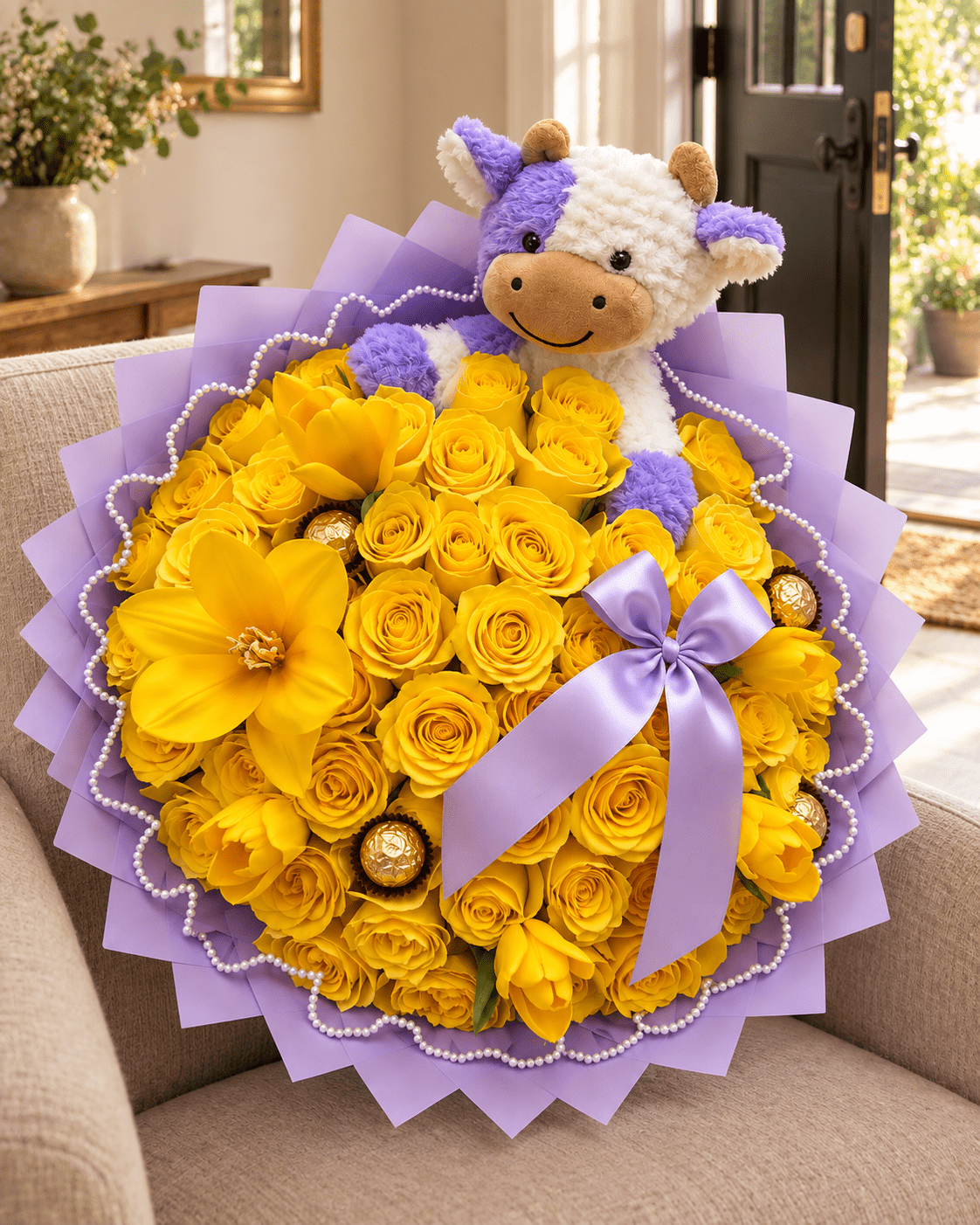 Lilac Cuddle – Yellow Rose & Cow Plush Bouquet - 98 FLOWERS